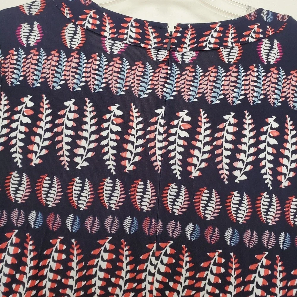 Tory Burch Navy Red Leaf Print V-Neck Long Sleeve Jersey Dress Small 51152494